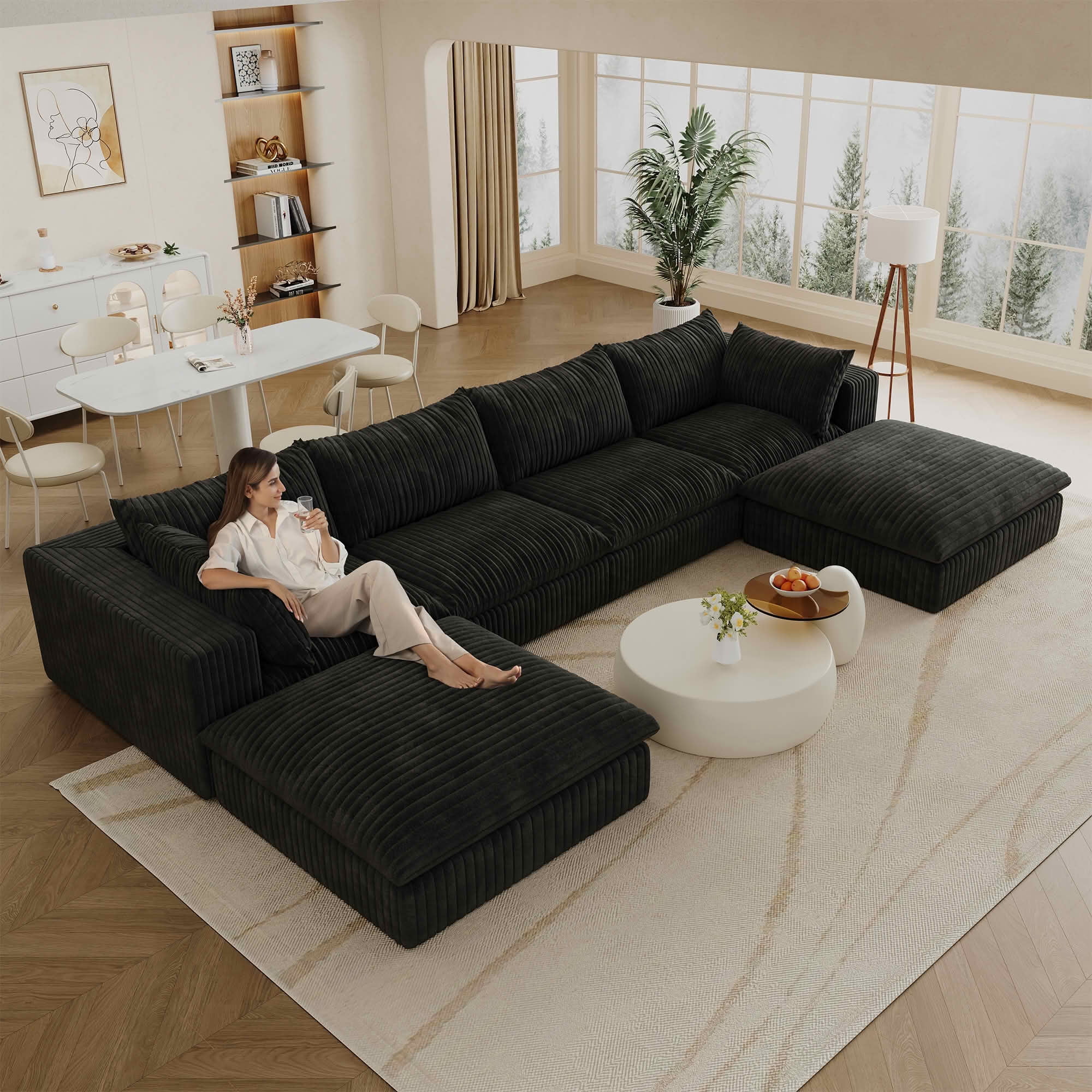 MAYEERTY 157.6" Cloud Corduroy Sofa, Deep Seat Double-Layer Design, Removable Cushion No Assembly, DIY Combination, Black