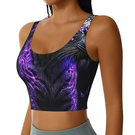 Haiem Purple Plant White Tiger Pattern Womens Sports Bra - U Neck Padded Low Impact Yoga Bra Workout Crop Top Gym Moisture-Wicking Workout Vest -Medium