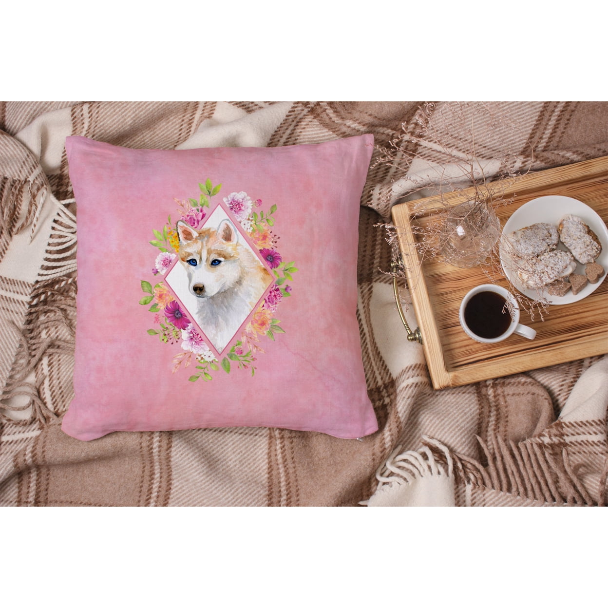 Carolines Treasures CK4148PW1414 Red Siberian Husky Pink Flowers Fabric Decorative Pillow 14Hx14W multicolor
