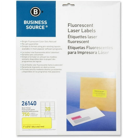Business Source 1" Fluorescent Laser Labels - 1" x 2 5/8" Length - Permanent Adhesive - Rectangle - Laser - Neon Yellow - 30 / Sheet - 750 / Pack | Bundle of 2 Packs