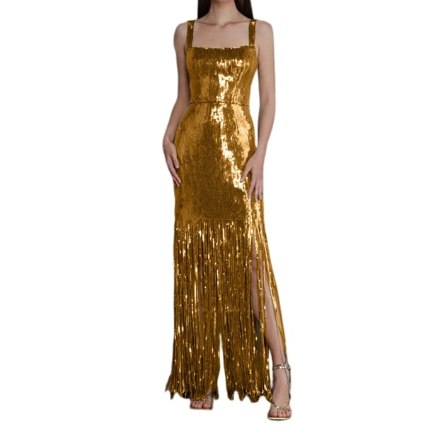 Vestidos de Fiesta Elegantes de noche para mujer sin espalda con purpurina Sexy delgado largo con borlas Cgtredaw Oro T M para Mujer