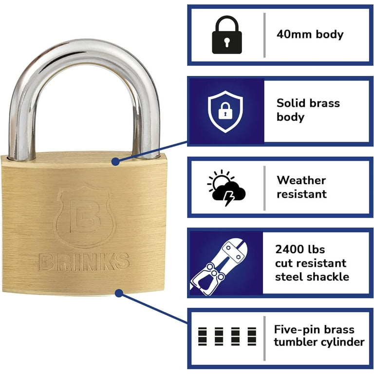 Brinks Solid Brass 40mm Keyed Padlock with 7/8in Shackle, 4 pack