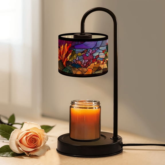 Candle Warmer Lamp with Timer, Exquisite Stained Glass Cactus Landscape Vibrant Dusk Non-slip Wireless Remote Control Wax Melts Warmer with 4 Bulbs for Home Office Dorm, Birthday Gifts for Women