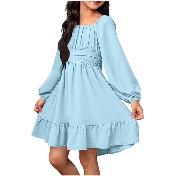 Floleo Girls' Long Sleeved Solid Color Backless Dress with Bow Casual School Activity Suits Elegant Formal Dress Suitable for 4-13 Years Old(Light Blue,4-5Years)