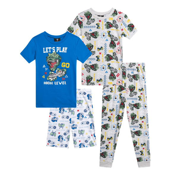 Quad Seven Boys' Snug Fit Pajama Set - 4 Piece Sleep Shirt, Pajama Pants and Shorts (4-12)