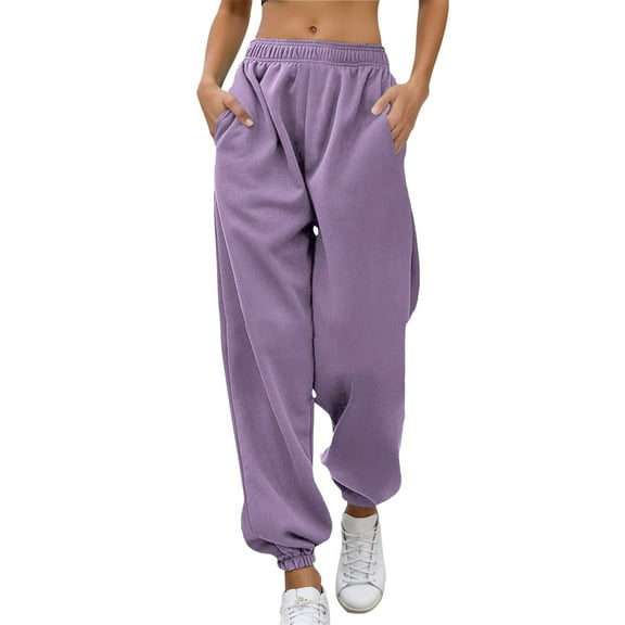 PMVFHDE Women's Lined Joggers High Waist Yoga Pants with Pockets Warm Winter Tapered Ankle Sweatpants Purple,XXL