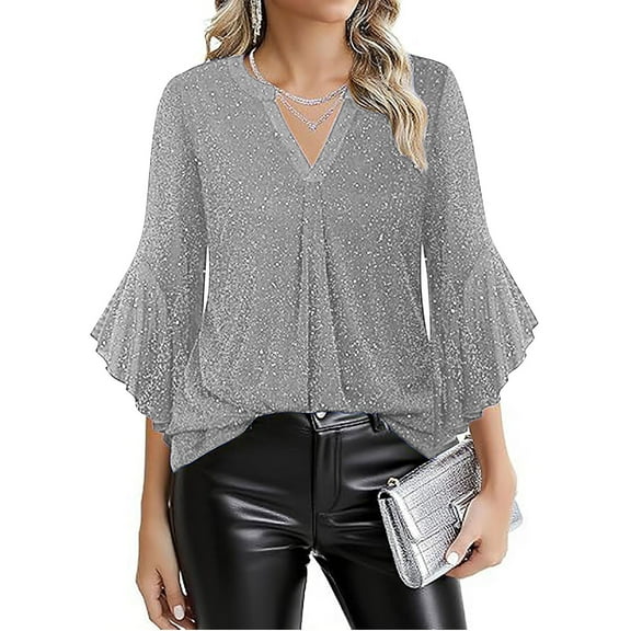 3/4 Sleeve Tops for Women Business Casual Ruffle V-Neck Sequin Peplum Top Glitter Loose Flowy Tunic Blouse