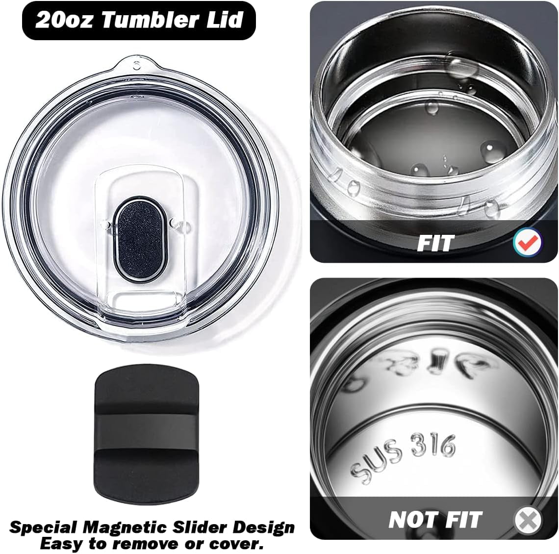 KISSWILL 20oz Tumbler Lids Replacement Lid with 4 Pcs Magnetic Slider Compatible with Yeti Rambler, Ozark Trail, Old Style RTIC and More - Magnetic