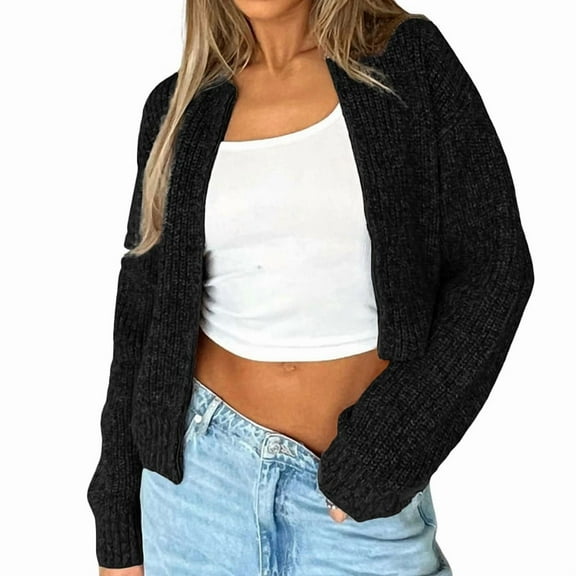 Women'S Zip Up Cardigan Sweaters Drop Shoulder Long Sleeve Crew Neck Cardigan Casual Solid Loose Fit Knit Jacket Black M