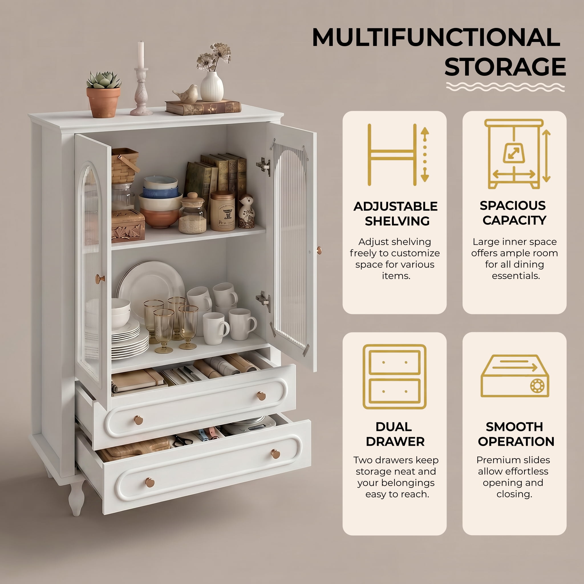 46.5''H Kitchen Buffet Sideboard Cabinet,Farmhouse Glass Display Cabinet with 2 Drawers & Adjustable Shelf,Freestanding Accent Cabinet for Living Room Dining Room,Navy White