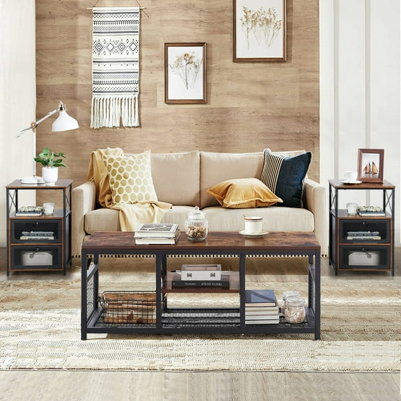 VECELO 3 Pieces Coffee Table Set with 2 End Table, Industrial Living Room Sets, Brown