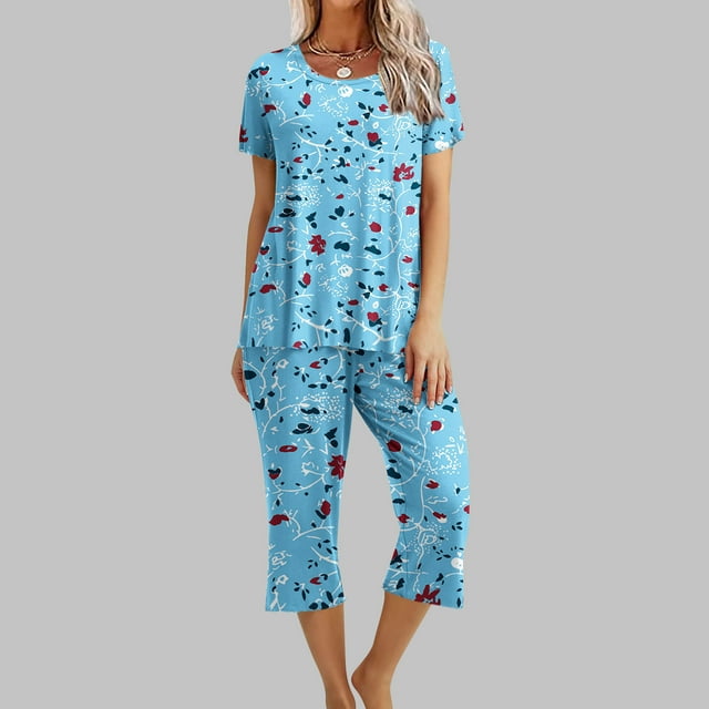 Ensemble de Pyjama pour Femmes à Col Rond Imprimé, Manches Courtes, Chemise de Nuit et Pantalon, Tenue d'Intérieur avec Poches