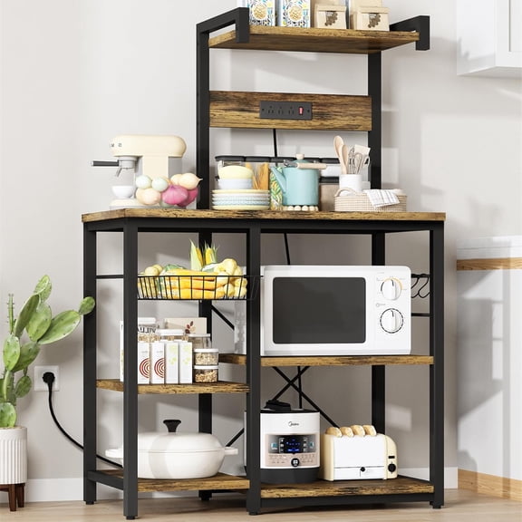LinkRomat Bakers Rack for Kitchens, Modern Dining Bakers Rack with Power Outlet and Storage, Rustic Kitchen Shelf Organizer for Nooks