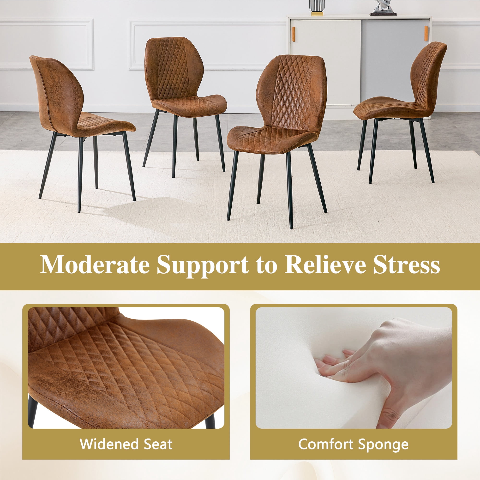 MOONMISS Dining Chairs Set of 4,Modern luxury Diamond-Quilted Technology Fabric chairs with black metal legs for Dining Room Living Room,Brown