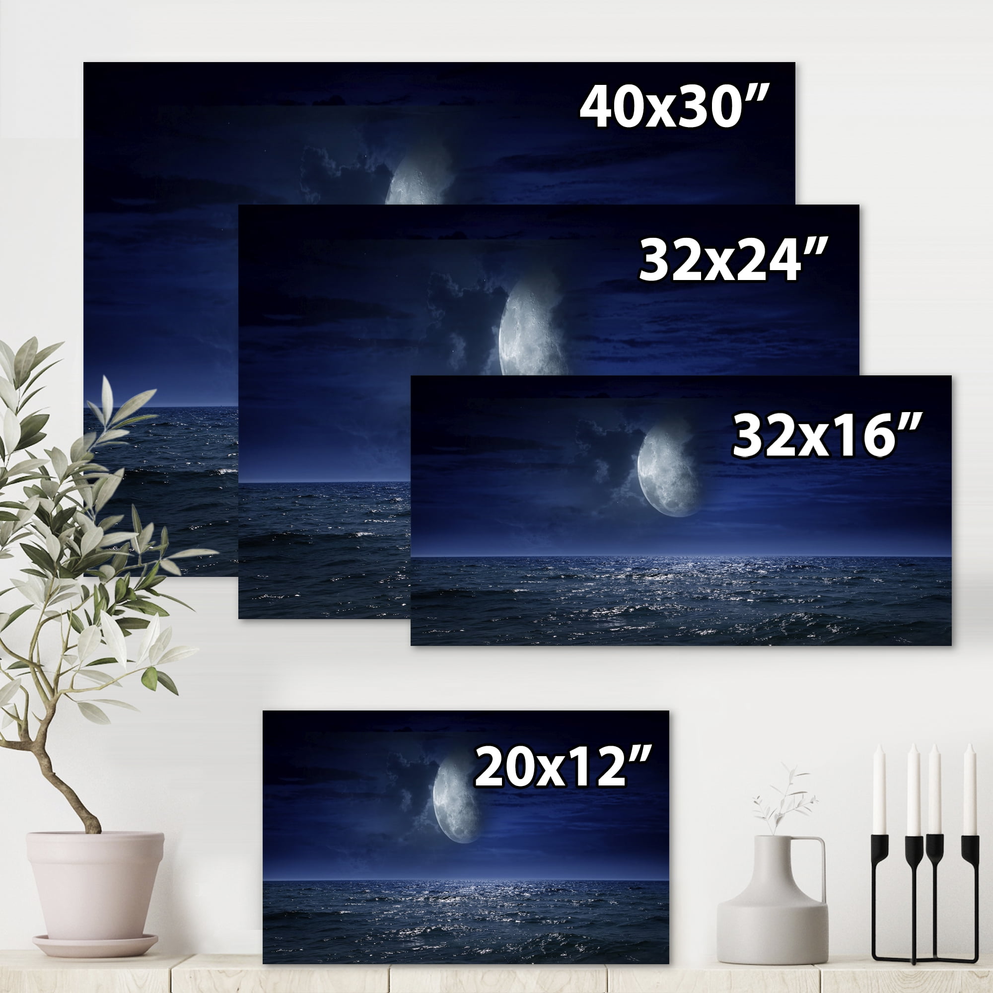 Designart ' Full Moon Night Over Dark Ocean ' Nautical & Coastal Canvas Wall Art Print