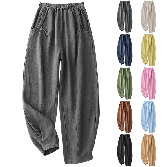 Clothes Fitness Clothing Ladies' Loose Casual Solid Color Linen Elastic Waistband Pocket Pants Long Pants Black L