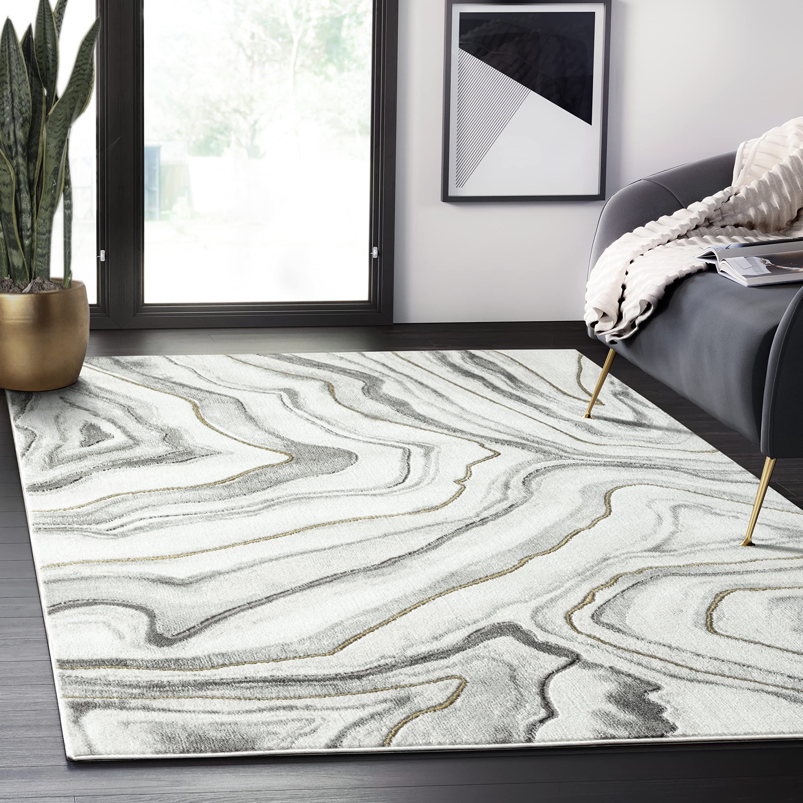 Abani Luna Collection Agate Stone Lines 4' x 6' Grey Gold Modern Area ...
