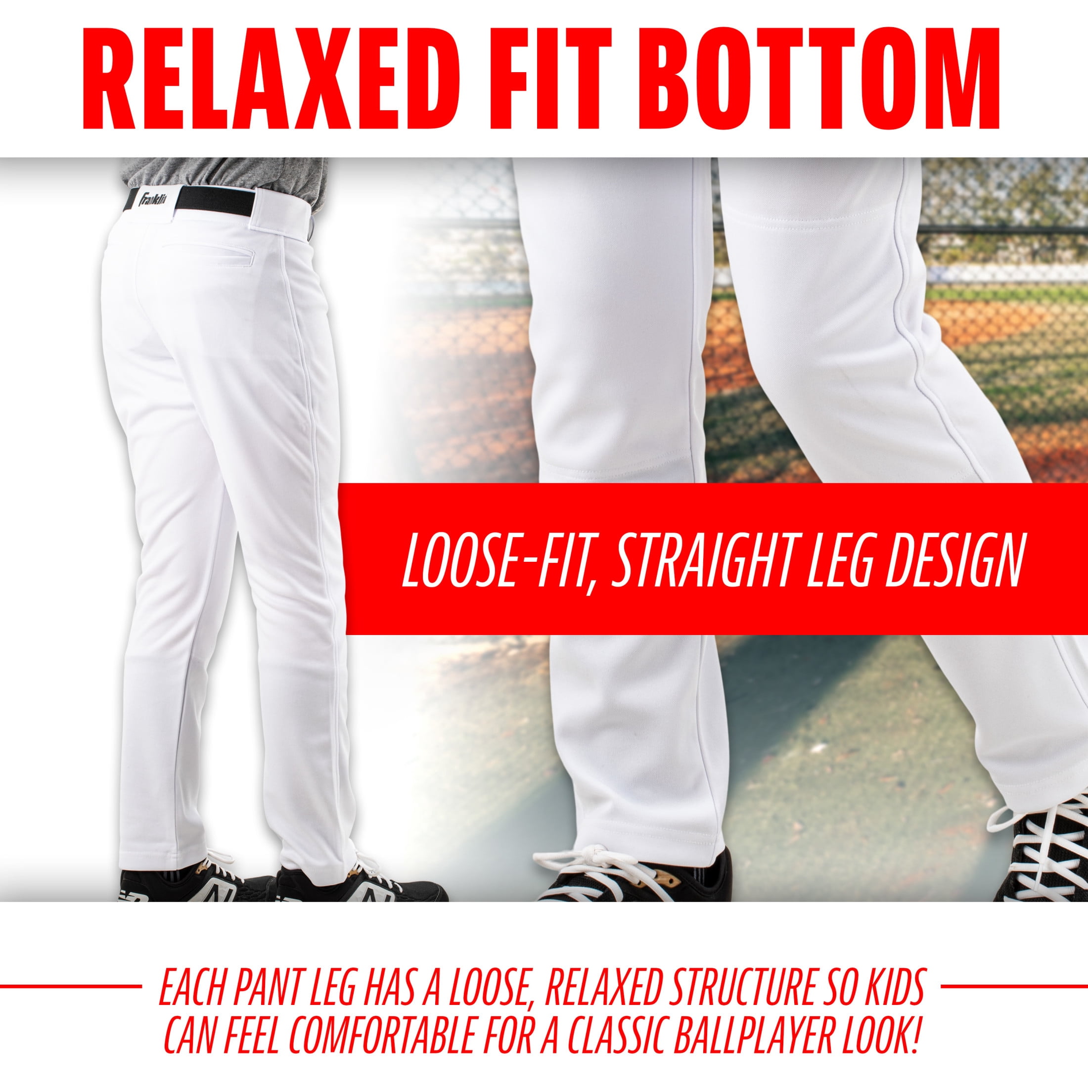 Franklin Sports Youth Relaxed Style Baseball + Softball Pants, White, Youth Medium