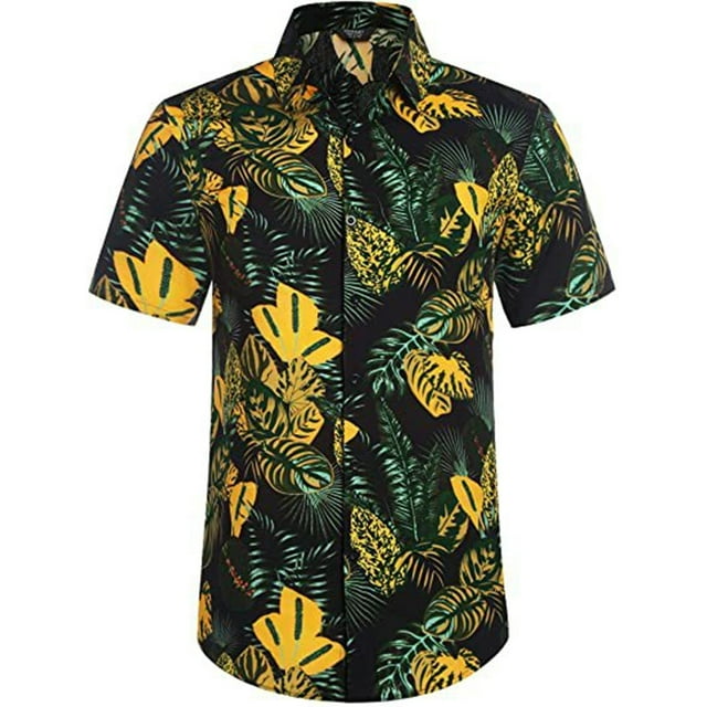 camisa hawaiana para hombre, informal, holgada, playera, con solapa y botones pompotops oipoqjl44702 camisa frontal de manga corta y corte holgado con solapa y botones; fondo negro con estampado floral tropical amarillo y hojas verdes, tejido liso de caída ligera, largo hasta la cadera en fondo blanco; adecuada para uso informal o como prenda de playa.