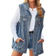 thumbnail image 1 of Women's Denim Jacket Sleeveless Button Down Jean Vest Mid Long Waistcoat, 1 of 5