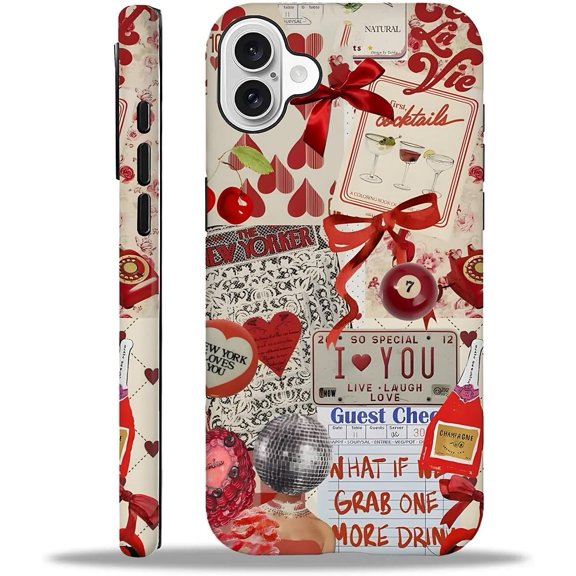 Case for iPhone 16,Red Ball Bow Splice Exquisitely Pattern Double Protective Phone Cover Cases Soft Silicone for iPhone 16