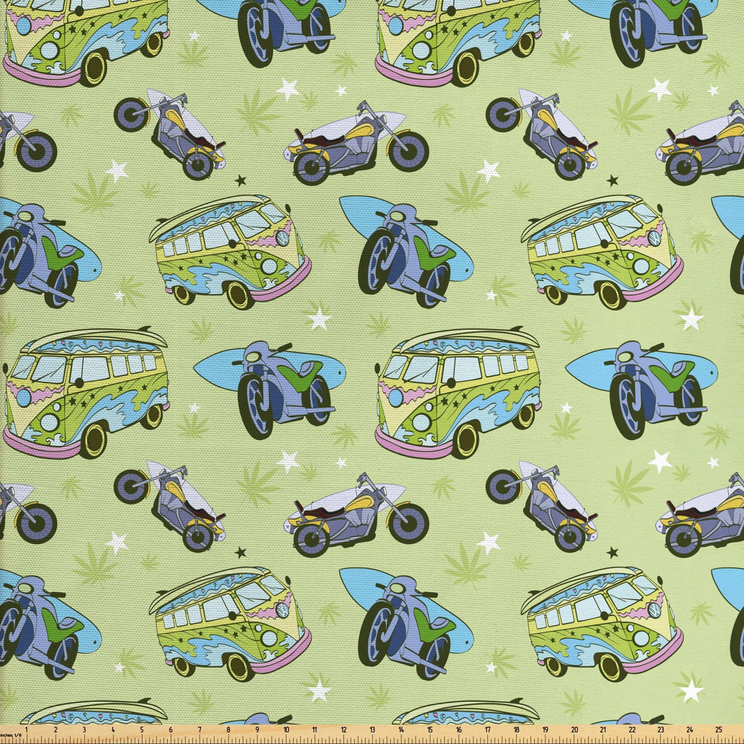 Hippie Fabric by The Yard, Motorbikes and Buses with Retro Style Motifs