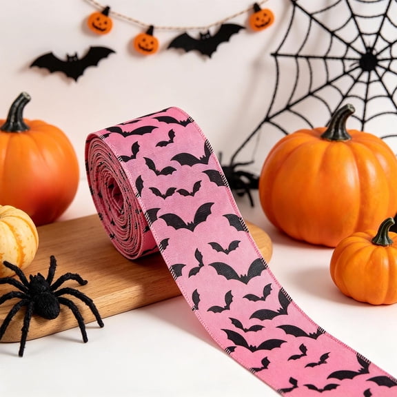 Halloween Ribbon 5 Yards, Polyester Bat Ghost Print Fabric Ribbon for Gift Wreath Bow DIY Craft Gift Wrapping Party Decor