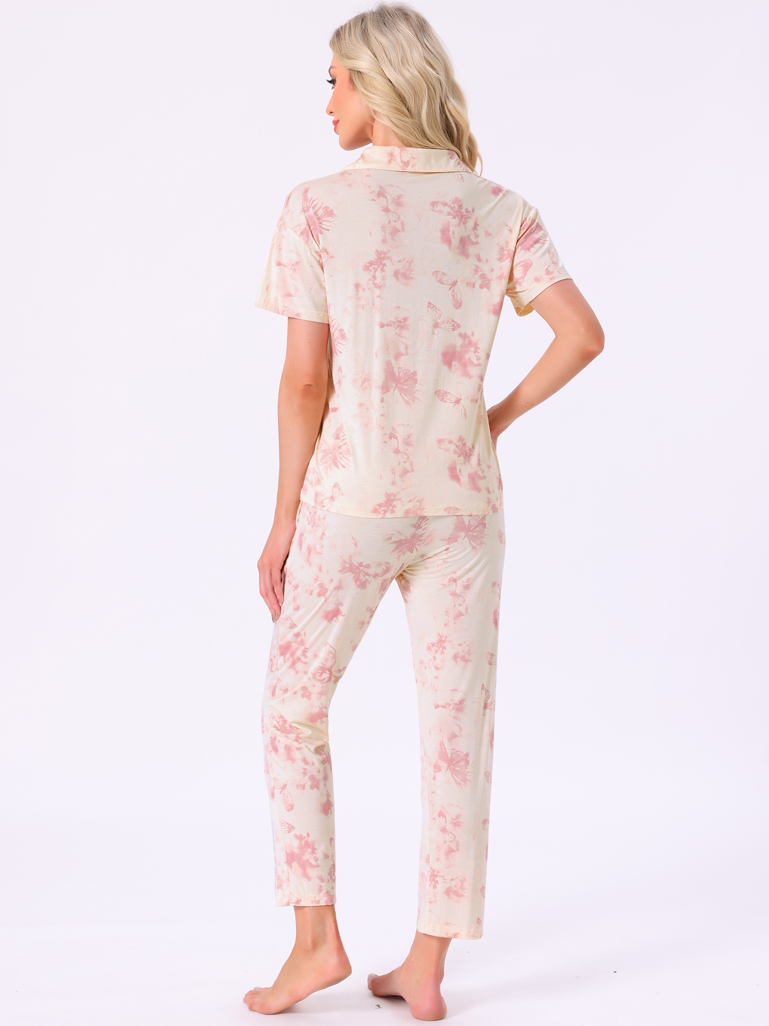 DARING DIVA Tencel Floral Short Sleeve Notched Collar Pants Set S Yellow