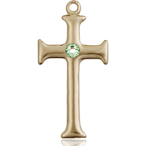 14kt Yellow Gold Cross Medal with 3mm August Green Swarovski Crystal 1 x 1/2 inches