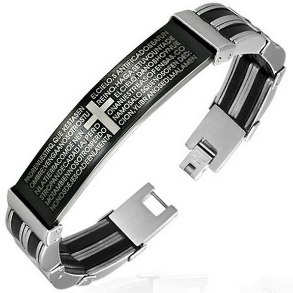 Stainless Steel Religious Lords Spanish Prayer Cross Two-Tone Black Silver Mens Bracelet