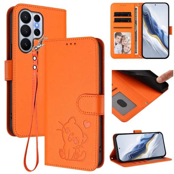 Allytechgroup for Samsung Galaxy A17 5G Wallet Case, Cute Cat Embossed Flip Cover with Cards Slots  Cash Pocket Magnetic Closure Lanyard Phone Case for Samsung Galaxy A17 5G, Orange