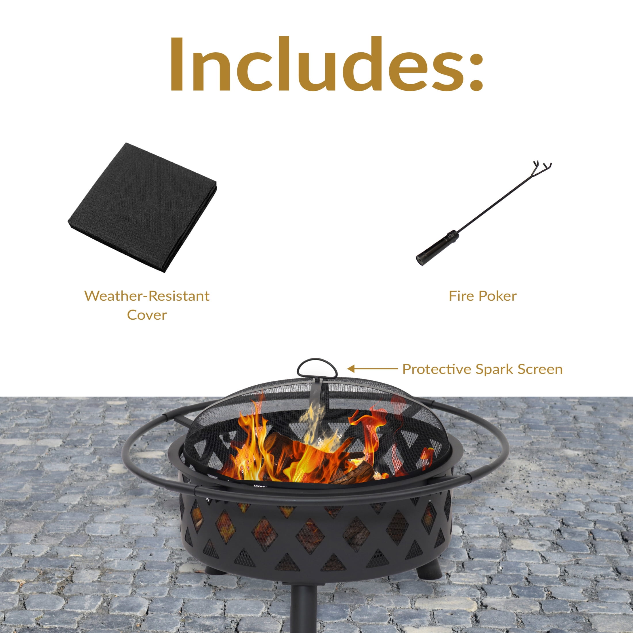 Sunnydaze Crossweave 30" Round Wood-Burning Black Finish Steel Outdoor Fire Pit with Screen