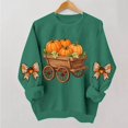 thumbnail image 2 of DeeHomeMo Pumpkin Harvest Cart Print Women Pullover Sweatshirt Wide Round Neck Long Sleeve Regular Fit Bow Applique On Sleeves For Fall Daily Casual Outing Army Green,L, 2 of 6