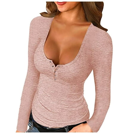 

Bospose Long Sleeve Shirt Women Pink Bustier Top Fashion Women Solid Color Square Collar Casual Blouse T-Shirt Tops 2009105 Lady Solid Color Top Xl