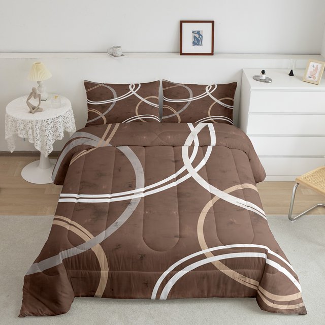 Erosebridal Geometric Circle Line Comforter Sets Twin Size, Brown Abstract Aesthetic Comforters & Duvets Ultra Soft 2pcs