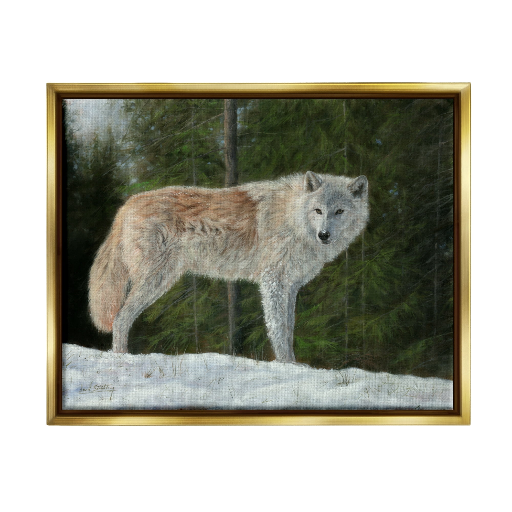 Stupell Industries Wild Coyote Wolf Gazing Snowy Forest Clearing Painting Metallic Gold Floating Framed Canvas Print Wall Art, Design by David Stribbling