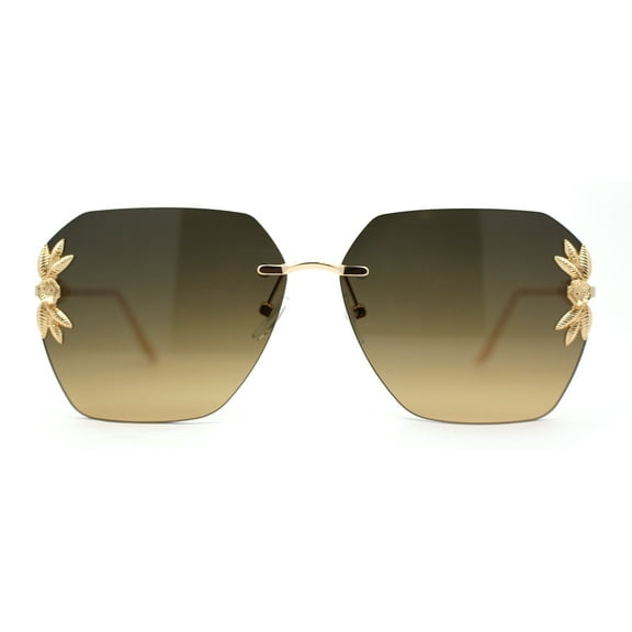 Rimless Foliage Flower Jewel Trim Rectangle Chic Sunglasses Gold Black Brown