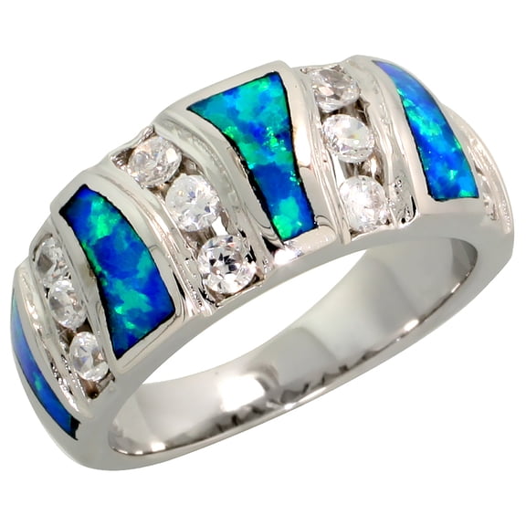 925 Sterling Silver Synthetic Blue Opal CZ Accent Tapered Dome Ring 10mm