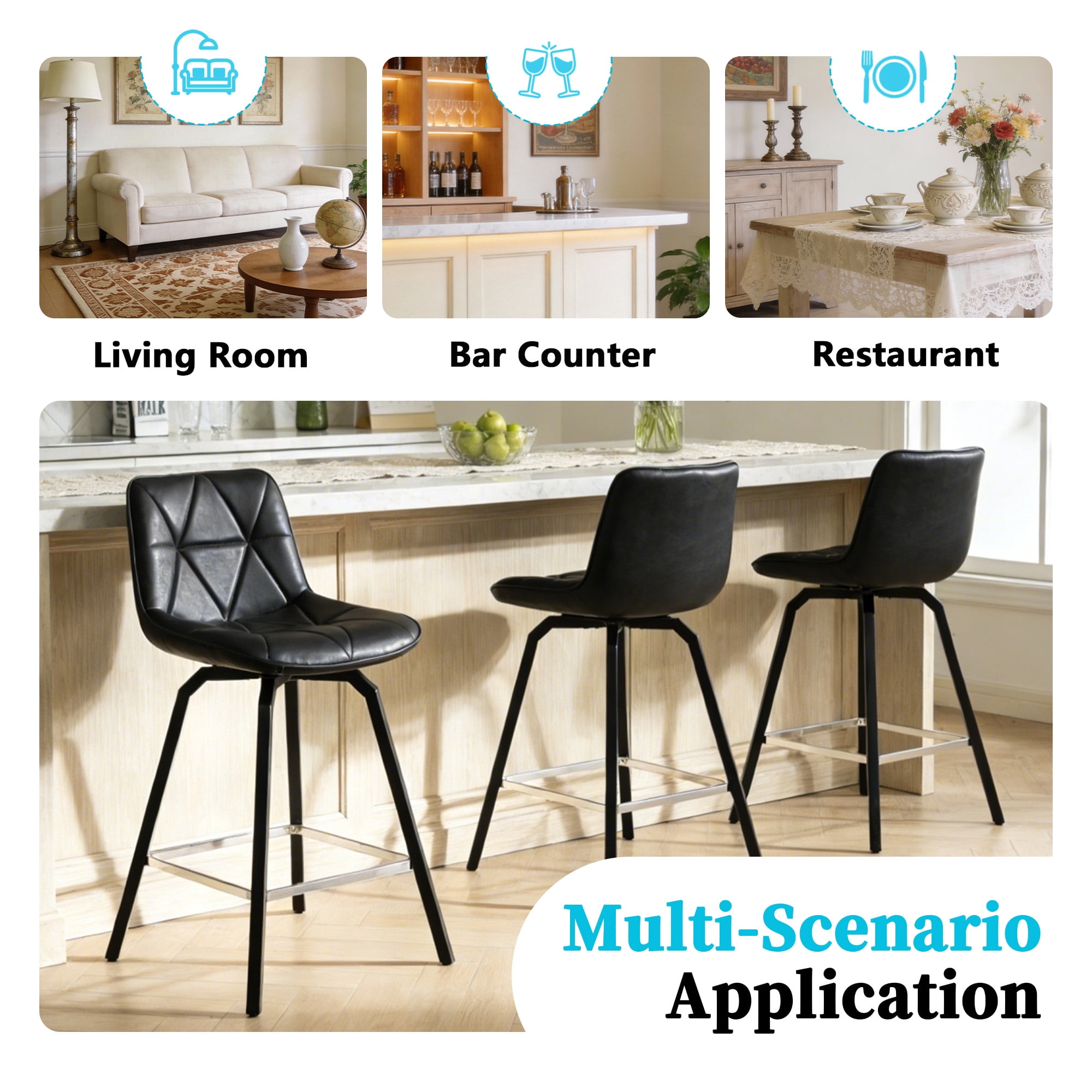 ClinQ 26 inch Swivel Counter Height Bar Stool Set of 3, Faux Leather Seat with Metal Legs and Back, Black-Silver Footrest