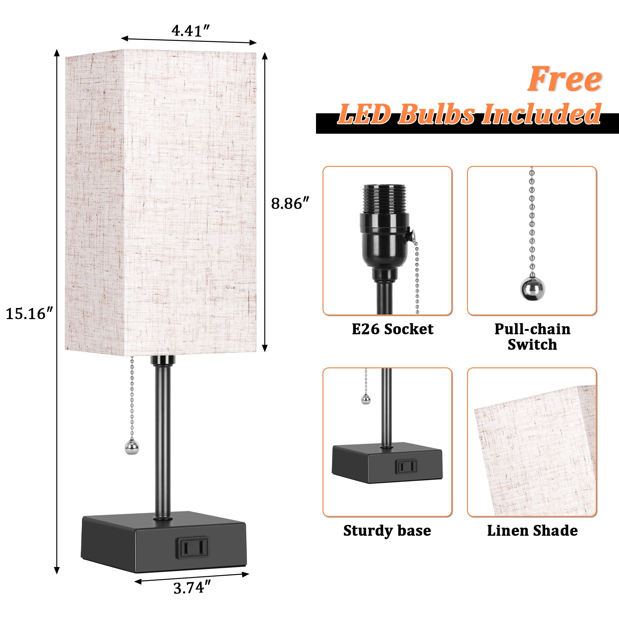 Bedside Lamps Set of 2 with AC Outlet,3-Way Dimmable AVV Table Lamps Small Nightstand Lamp for Bedroom Living Room Black