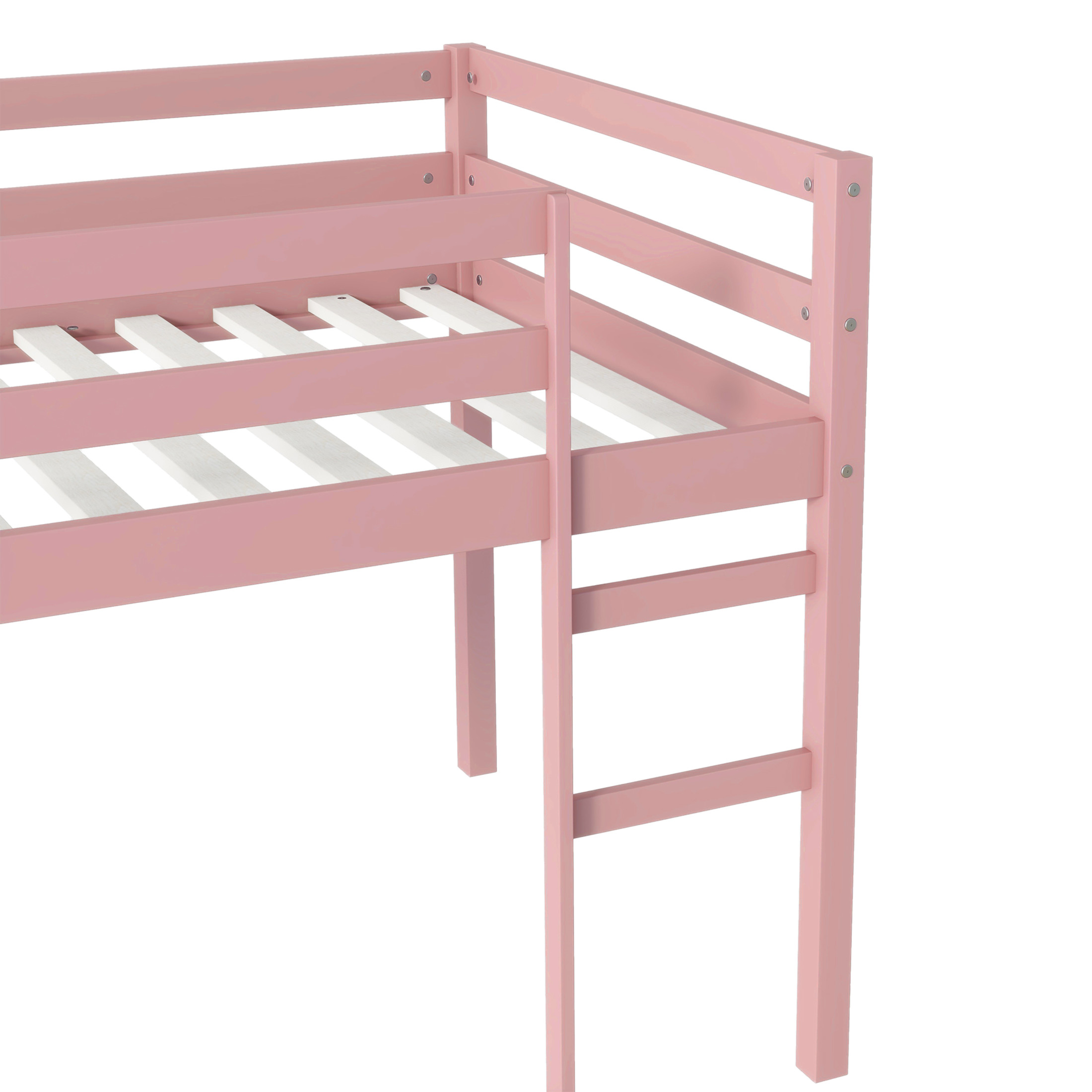 Noble House Modern Tilda Twin Loft Bed, Solid Rubber Wood Frame with Ladder, Spacious Under for Kids, Pink