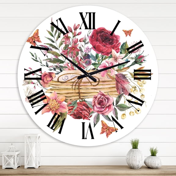 Designart 'Vintage Old Letters With Wildflowers' Farmhouse Wall Clock