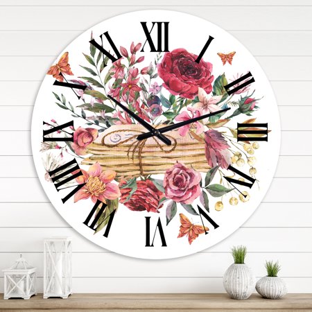 Designart 'Vintage Old Letters With Wildflowers' Farmhouse Wall Clock