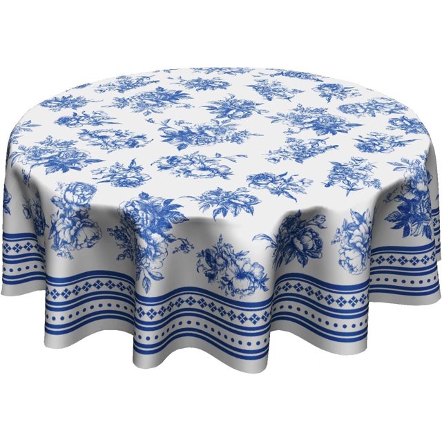 Vintage Floral Tablecloth Round 60 Inch Blue Flower Fabric Table Cover Washable Wipeable Table Cloth for Home Party Kitchen Outdoor Indoor