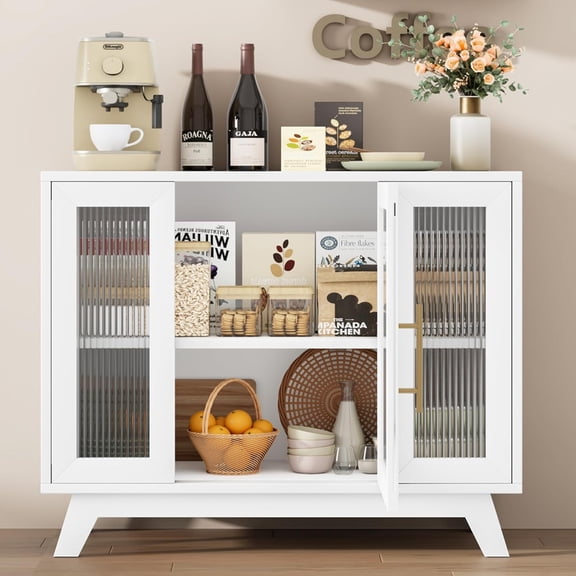 Hetoy 36 Inch Small Buffet Storage Cabinet with Adjustable Shelf and Fluted Glass Door Retro Kitchen Sideboard, White