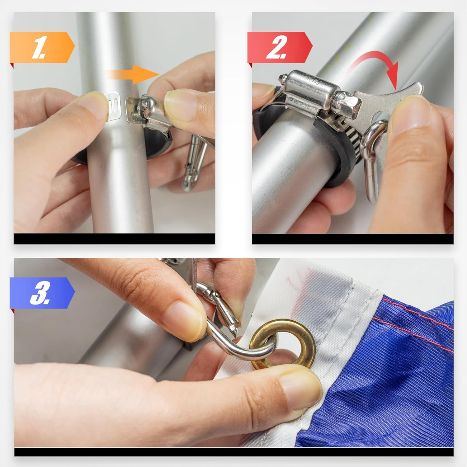 Anley (4 Pack) Flagpole Clamp and Clip Kit to Hold Flag with Carabiner and Silicone Anti-Slip Strip - Attachment Accessory Stainless Steel Metal Hose Clamp Rings for 0.7-1.25 IN Diameter Flag Pole