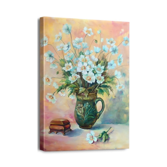 Artistic Bathroom Decor Blue Theme Floral Daisy, Framed Canvas Print, Ideal Painting Artwork for Bedroom, 12x16inch