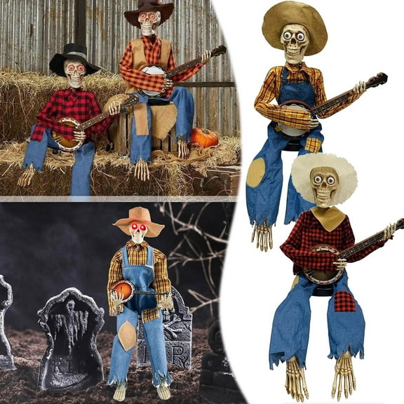 Dueling_Banjo Skeletons, 2025 Funny Animated Dueling_Banjo Halloween Skeletons, Country Skeleton Musicians with Light up Eyes for Halloween Decoractions Indoor Home Decor (Red&Yellow,2Pcs)