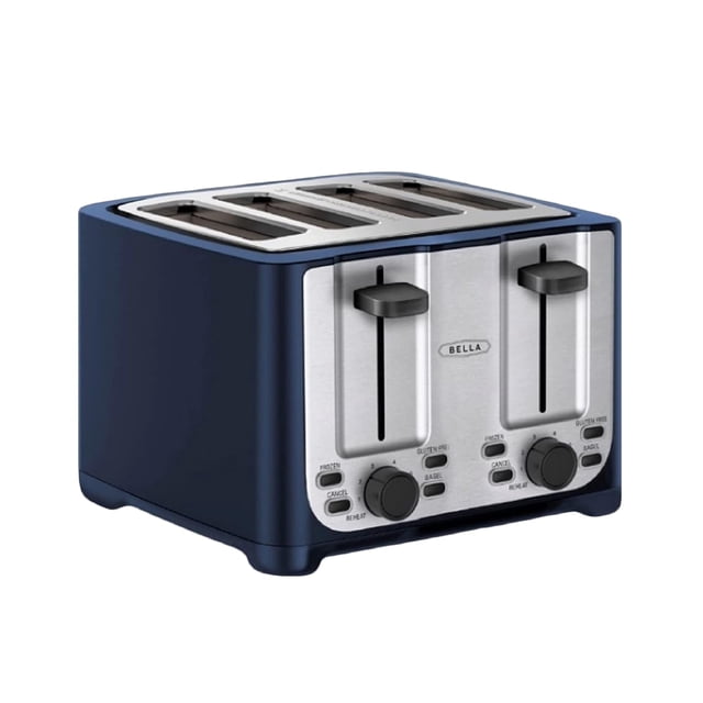 BELLA tostador de 4 rebanadas con apagado automático, ranuras extra anchas y bandeja extraíble para migas y función de cancelación, descongelación y recalentamiento, pan tostado y bagel, azul