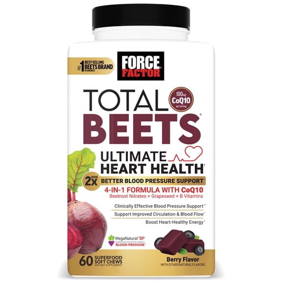 Force Factor Total Beets Ultimate Heart Health, Blood Pressure Support with CoQ10 & Beet Root for Nitric Oxide & Energy, Berry, 60 Soft Chews